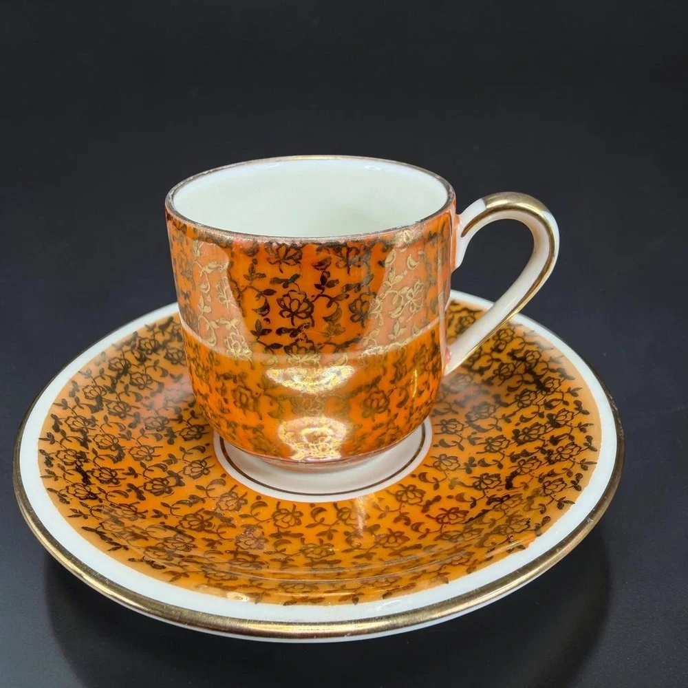 Alka Bavaria Germany Demitasse Cup Saucer‎ Set Orange Luster Gold Filigree VTG